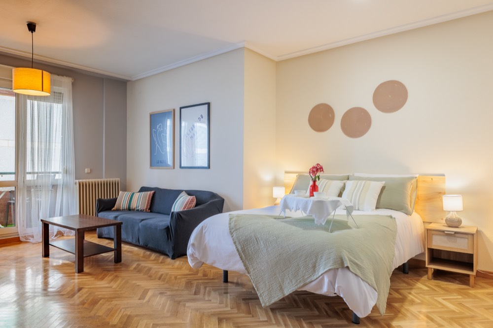 Habitación doble con cama de matrimonio, sofá y mesa baja